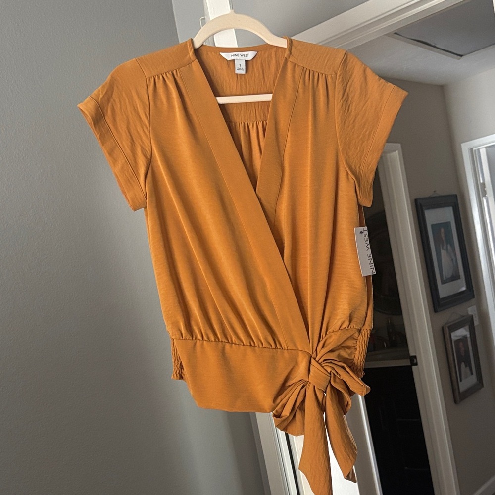 Nine West Golden Mustard Wrap Tie Short Sleeve Blouse